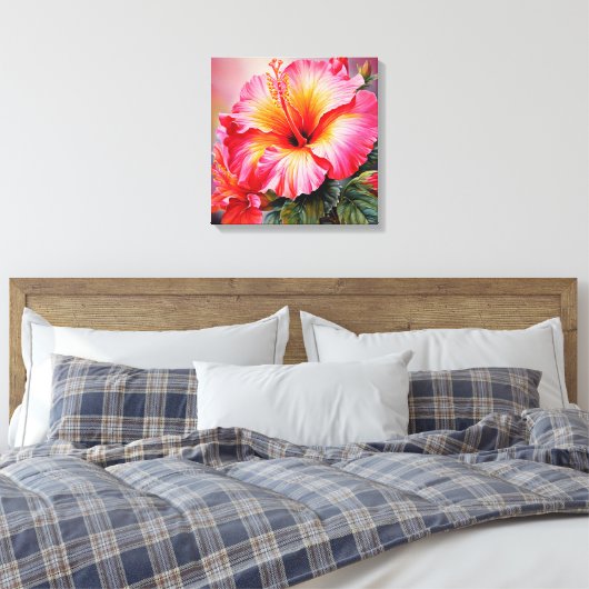 Rosa Hibiskus Stretched Canvas Print Leinwanddruck (Insitu (Schlafzimmer))
