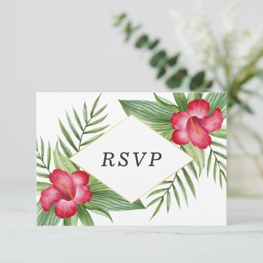 Rosa Hibiskus Tropical Wedding RSVP (Stehend Vorderseite)