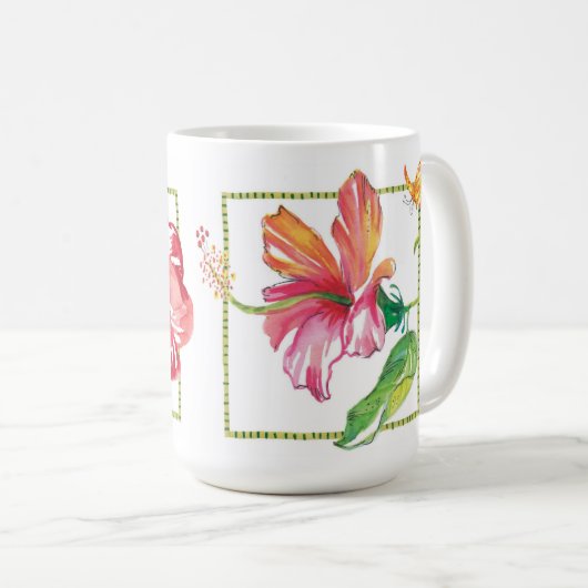 Rosa Hibiskus und Roter Garten Kamelien Grosse Kaffeetasse (VorderseiteRechts)