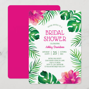Rosa Hibiskus und tropische Blätter Brautparty Einladung
