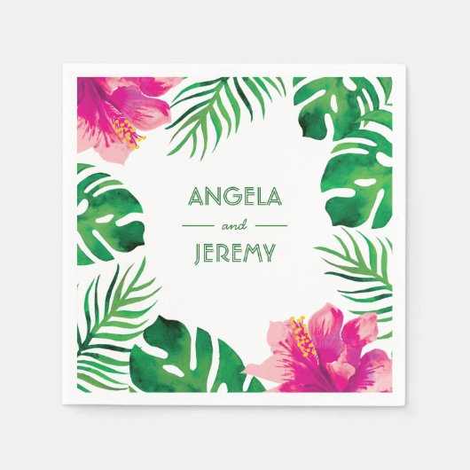 Rosa Hibiskus und tropische Blätter Hochzeit 2 Serviette (Vorderseite)
