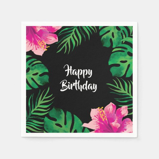 Rosa Hibiskus und tropische Blätter Party Serviette (Vorderseite)