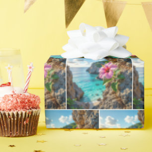 Rosa Hibiskus wächst auf einer felsigen Klippe Geschenkpapier