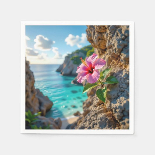 Rosa Hibiskus wächst auf einer felsigen Klippe Serviette (Vorderseite)