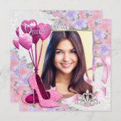 Rosa High Heel Shoel Foto Quinceanera Einladung (Vorne/Hinten)