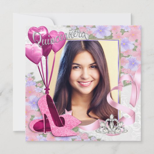 Rosa High Heel Shoel Foto Quinceanera Einladung (Vorderseite)