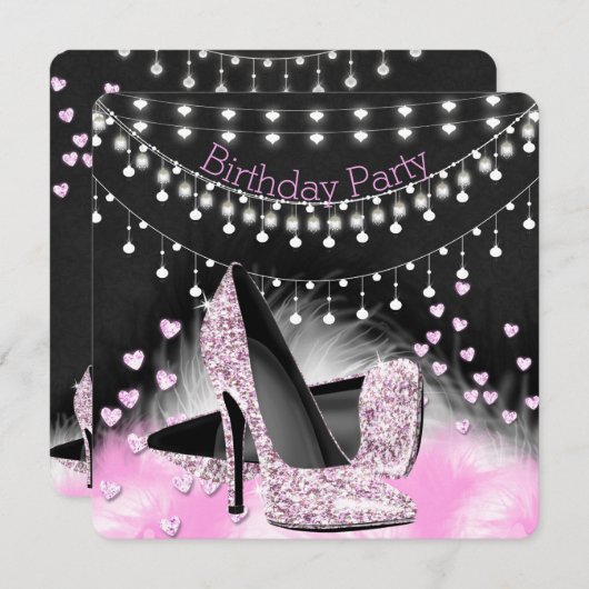 Rosa High Heels Birthday Chalkboard Lights Einladung (Vorne/Hinten)