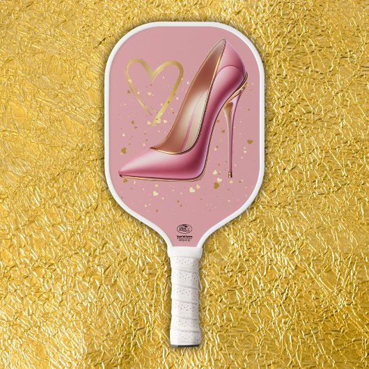 Rosa High Heels mit goldenen Herzen | Pickleball Schläger