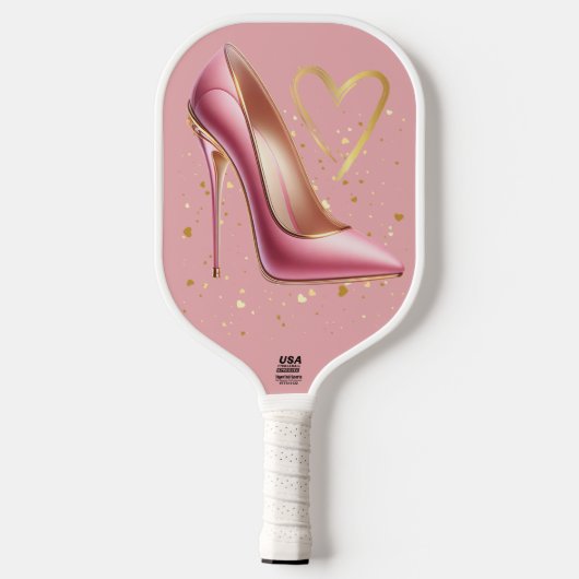 Rosa High Heels mit goldenen Herzen | Pickleball Schläger (Rückseite)