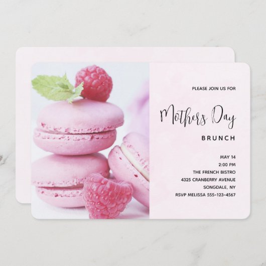Rosa Himbeere Macarons Muttertag Brunch Einladung (Vorne/Hinten)