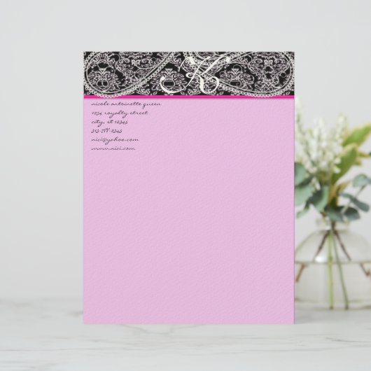 Rosa Himbeere Monogram Letterhead Black Paisley Briefbogen (Stehend Vorderseite)