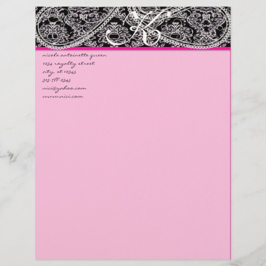 Rosa Himbeere Monogram Letterhead Black Paisley Briefkopf (Vorderseite)