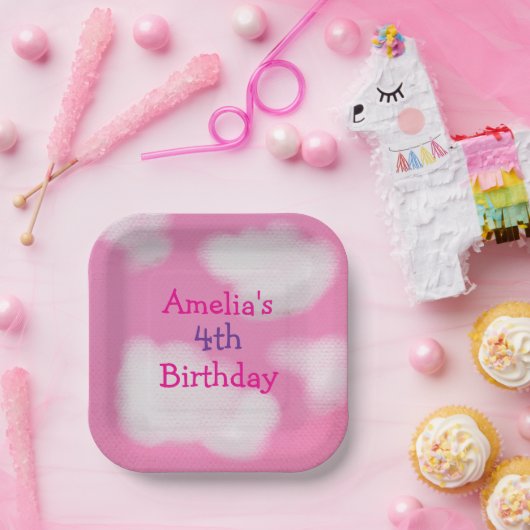 Rosa Himmel und flauschige Wolken Geburtstag Pappteller (Party)