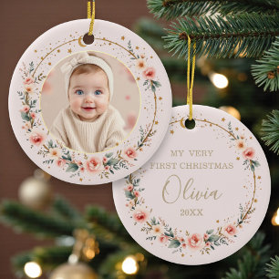 Rosa himmlisches Baby-Erstweihnachtsfoto Keramik Ornament