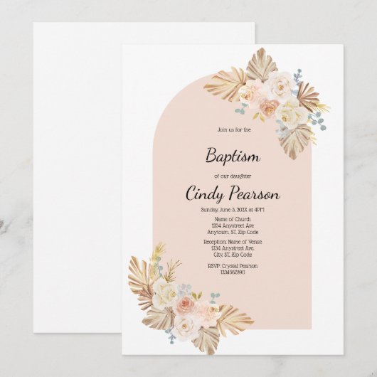 Rosa Hintergrund, boho Taufe Einladung für Mädchen (Vorne/Hinten)