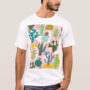 Rosa Hintergrund, handgezeichnetes Kaktusmuster. T-Shirt