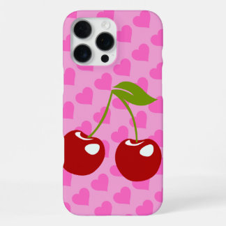 Rosa Hintergrund mit roten Herzen und zwei Kirsche iPhone 16 Pro Max Hülle