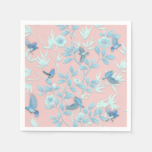 Rosa Hintergrund mit Vögeln und Blume Serviette (Vorderseite)
