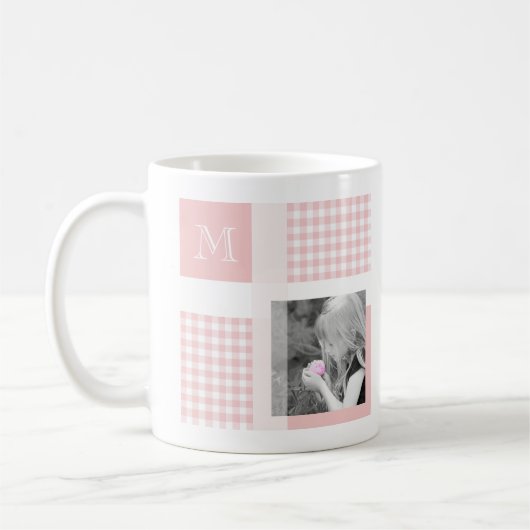 Rosa Hinzufügen Ihres Fotos Gingham Modern Monogra Kaffeetasse (Links)