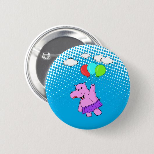 Rosa Hippo mit Balloons Button (Vorne & Hinten)