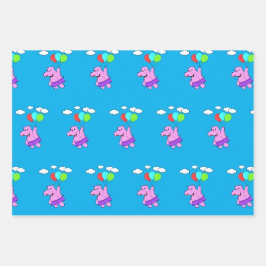 Rosa Hippo mit Balloons Geschenkpapier Set (Vorderseite)