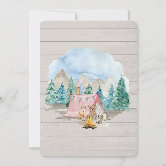 Rosa Hirschbär Rustikaler Wald Virtual Baby Dusche Einladung (Rückseite)