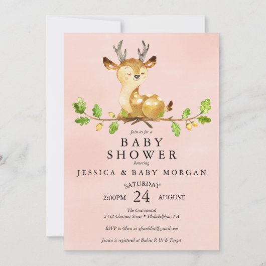 Rosa Hirschdusche Einladung Kinderduschkarte (Vorderseite)