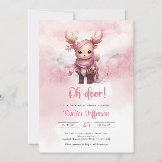 Rosa Hirsche im Winter im Schneewald Einladung (Vorderseite)