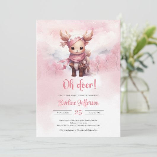 Rosa Hirsche im Winter im Schneewald Einladung (Stehend Vorderseite)