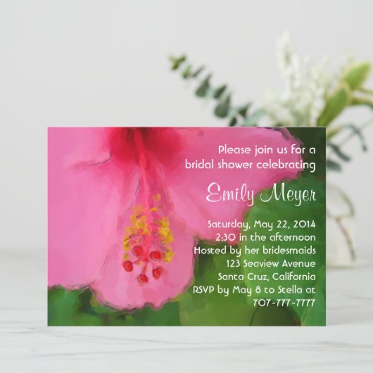 Rosa Hisbiscus Blume Bridal Dusche Einladung (Stehend Vorderseite)