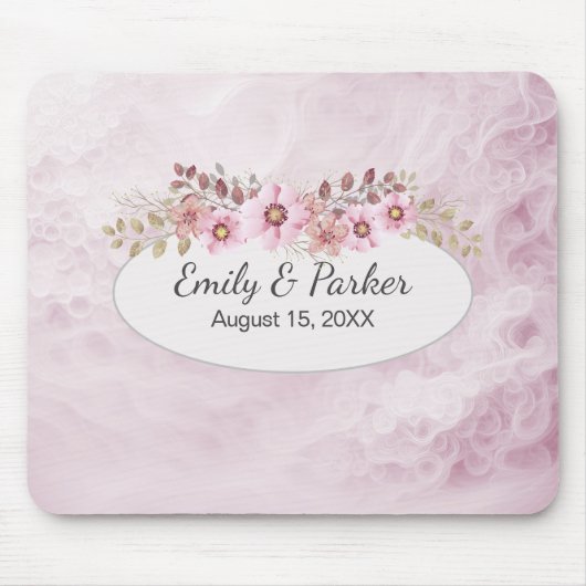 Rosa Hochzeit Abstrakt mit Namen und Datum Mousepad (Vorne)