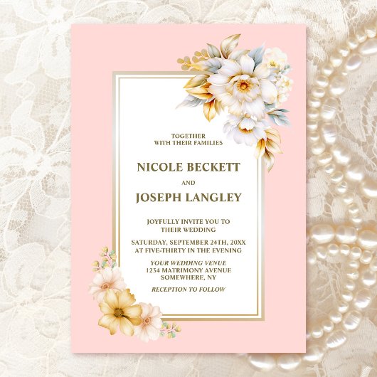 Rosa Hochzeit in elegantem Weiß Einladung