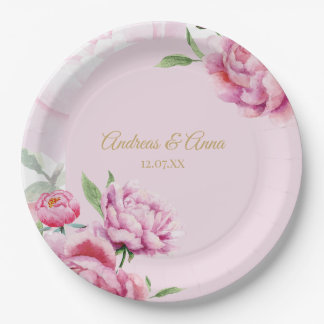 Rosa Hochzeit mit Blumenmuster  Pappteller