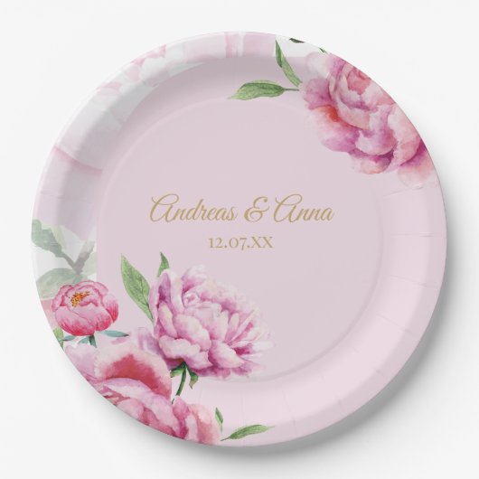 Rosa Hochzeit mit Blumenmuster Pappteller (Vorderseite)