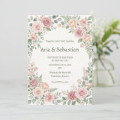 Rosa Hochzeit mit Grünzeug Einladung (Stehend Vorderseite)