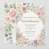 Rosa Hochzeit mit Grünzeug Einladung (Vorne/Hinten)