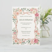 Rosa Hochzeit mit Grünzeug Einladung (Stehend Vorderseite)