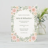 Rosa Hochzeit mit Grünzeug Einladung (Stehend Vorderseite)