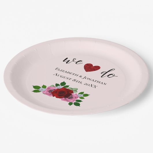 Rosa-Hochzeit Pappteller (Schrägansicht)