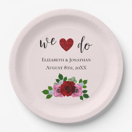 Rosa-Hochzeit Pappteller (Vorderseite)