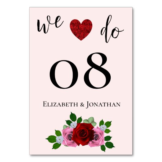 Rosa-Hochzeit Tischnummer (Vorderseite)