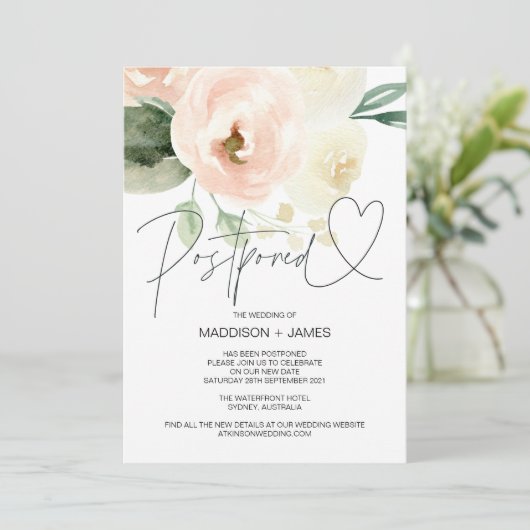 Rosa Hochzeit verschoben ändern Datum Einladung (Stehend Vorderseite)