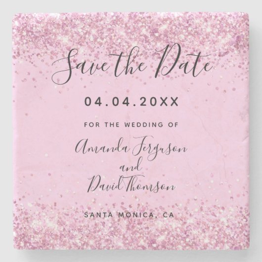 Rosa Hochzeitlicher Glitzer Save the Date Steinuntersetzer (Vorderseite)
