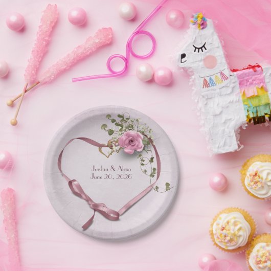 Rosa Hochzeitsbandherz mit Rose Pappteller (Party)