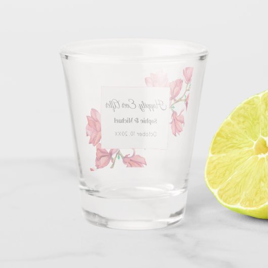 Rosa Hochzeitsblumenbäume Schnapsglas (Rückseite)