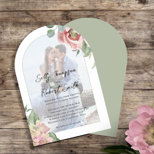 Rosa Hochzeitsbogen mit floralem Foto Einladung