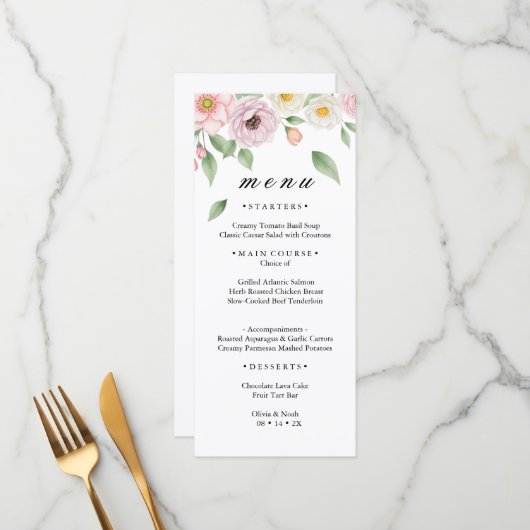 Rosa Hochzeitsdinner Menükarte mit botanischem Ros (Vorderseite/Rückseite Beispiel)