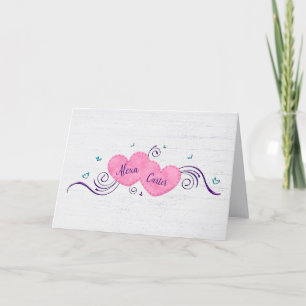 Rosa Hochzeitsherzen mit Namen Dankeskarte