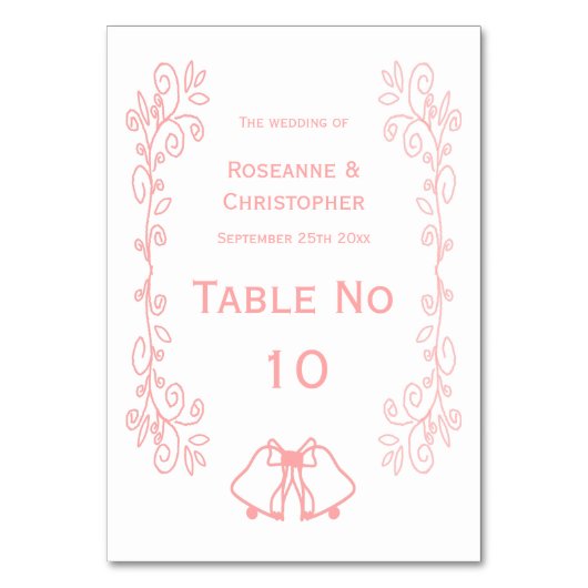 Rosa Hochzeitskarte Tischnummer Glocken Scrollwork (Rückseite)