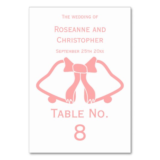 Rosa Hochzeitskartenglocken und -glocken mit Tisch Tischnummer (Rückseite)